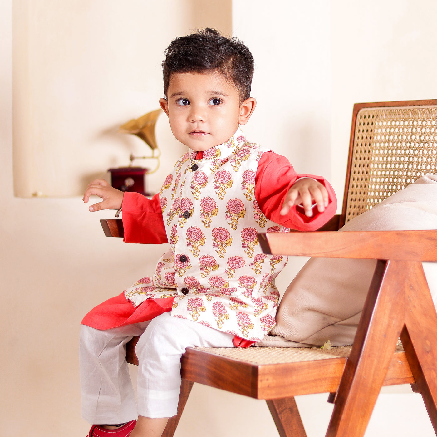 Jiyansh - Boys Peach Floral Vest with Peach Kurta and Pajama