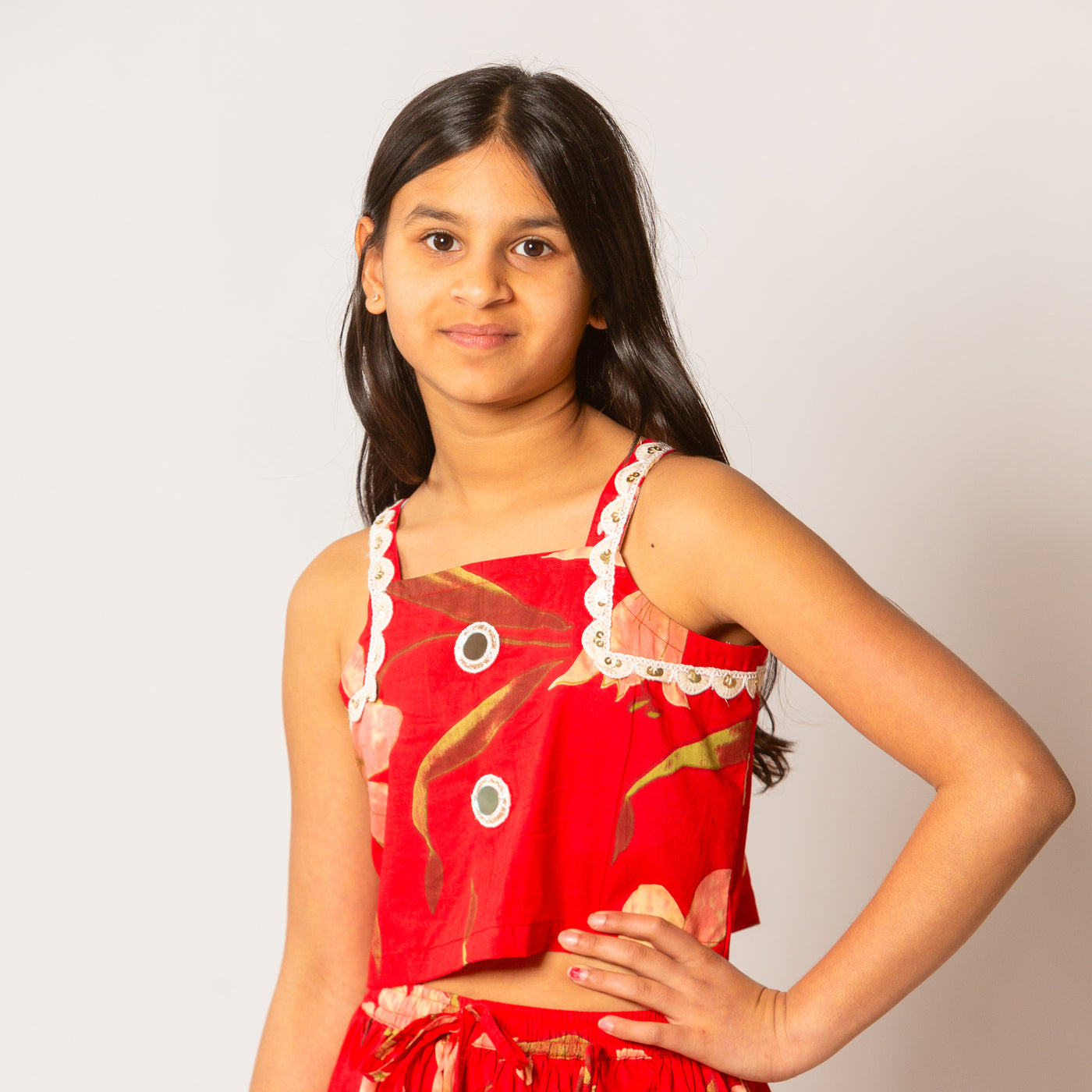 Jodha - Girls Red Floral Print Lehenga Choli Set