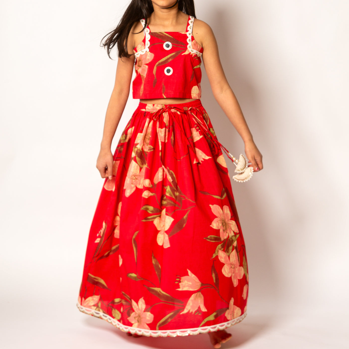 Jodha - Girls Red Floral Print Lehenga Choli Set