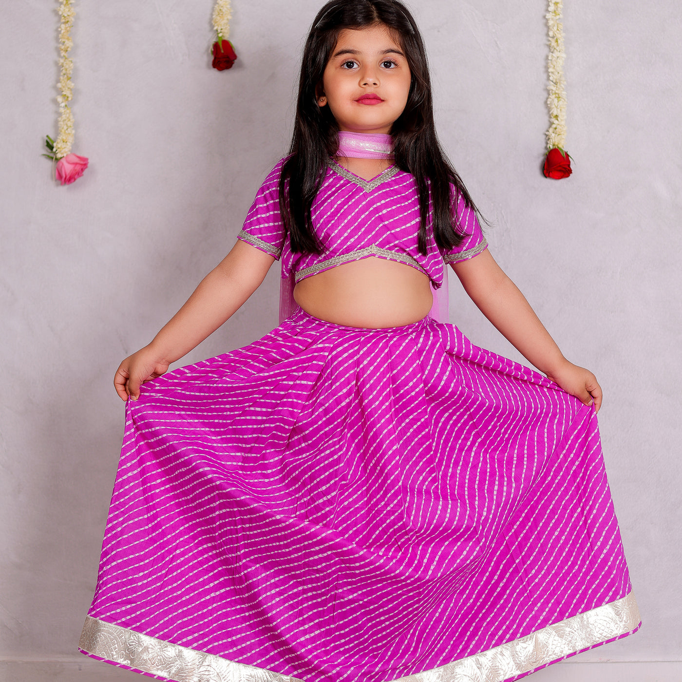 Kavya - Girls Purple Leheriya Lehenga