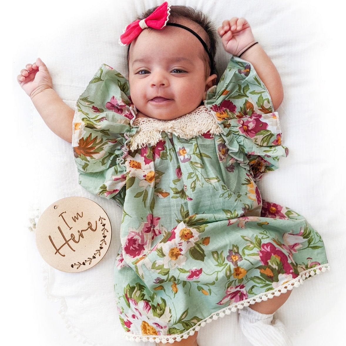 Keisha - Green Floral Frilly Teal Baby Girl Dress
