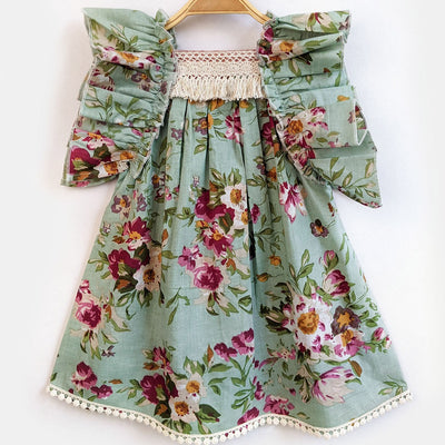 Keisha - Green Floral Frilly Teal Baby Girl Dress