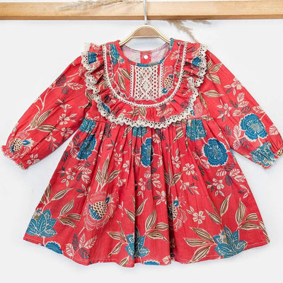 Kiara - Baby Girl Cotton Full Sleeves Pleated Neckline Dress-Red