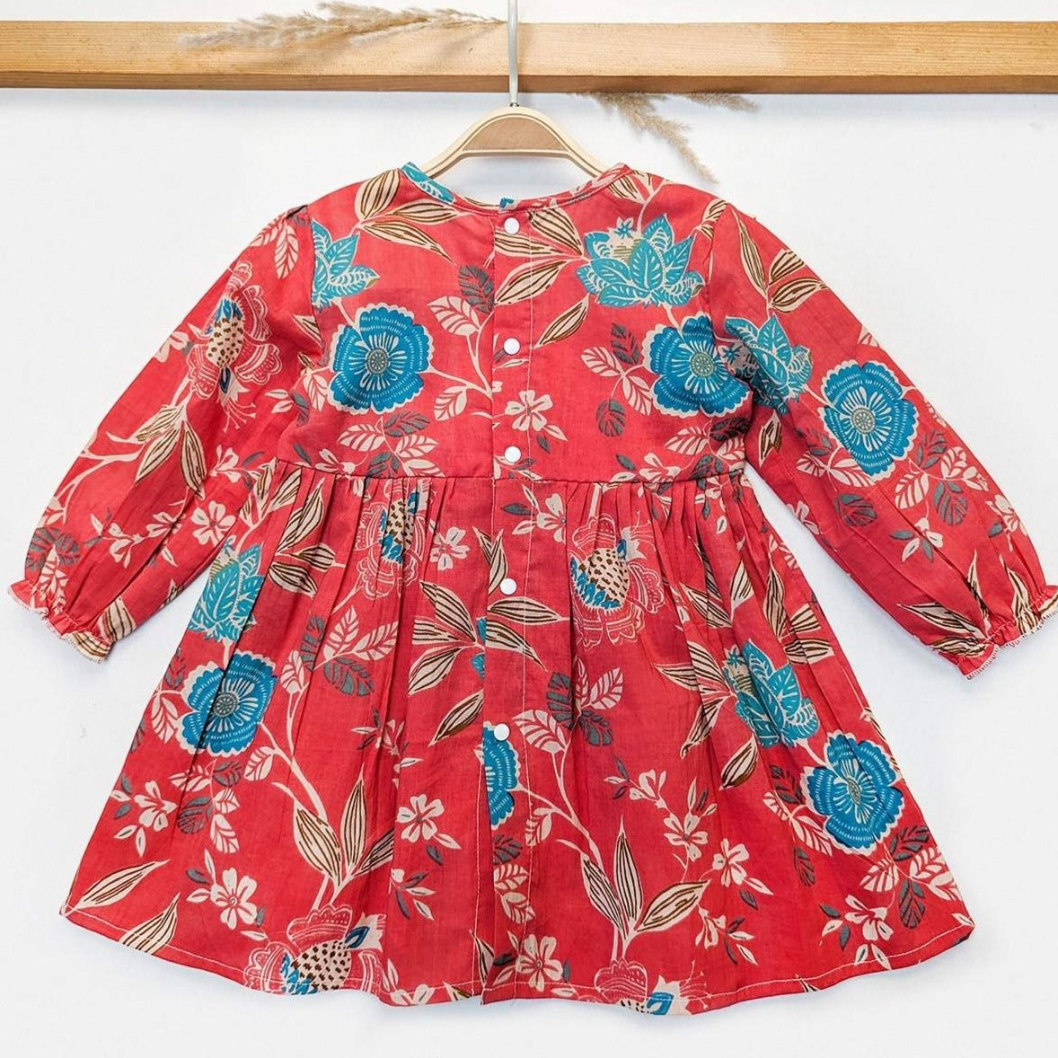 Kiara - Baby Girl Cotton Full Sleeves Pleated Neckline Dress-Red