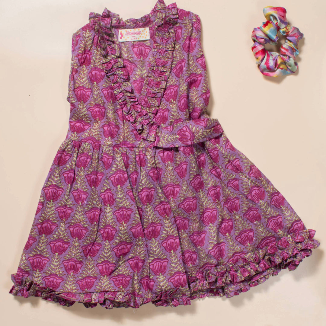 Lily - Girls Purple and Floral Print Anokhi Wrap Around Dress
