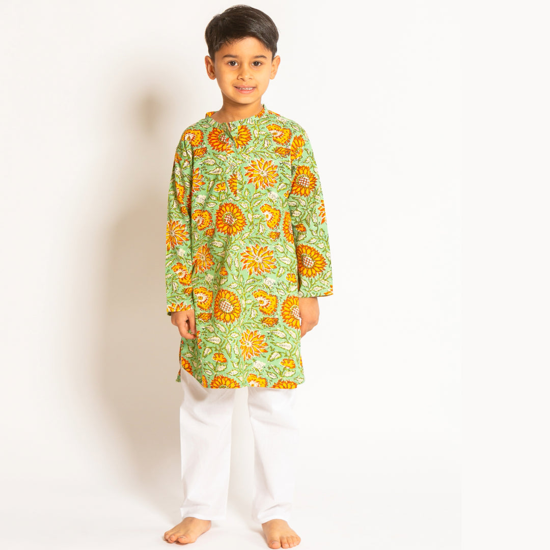 Mayur - Green Floral Print Boys Kurta Pajama