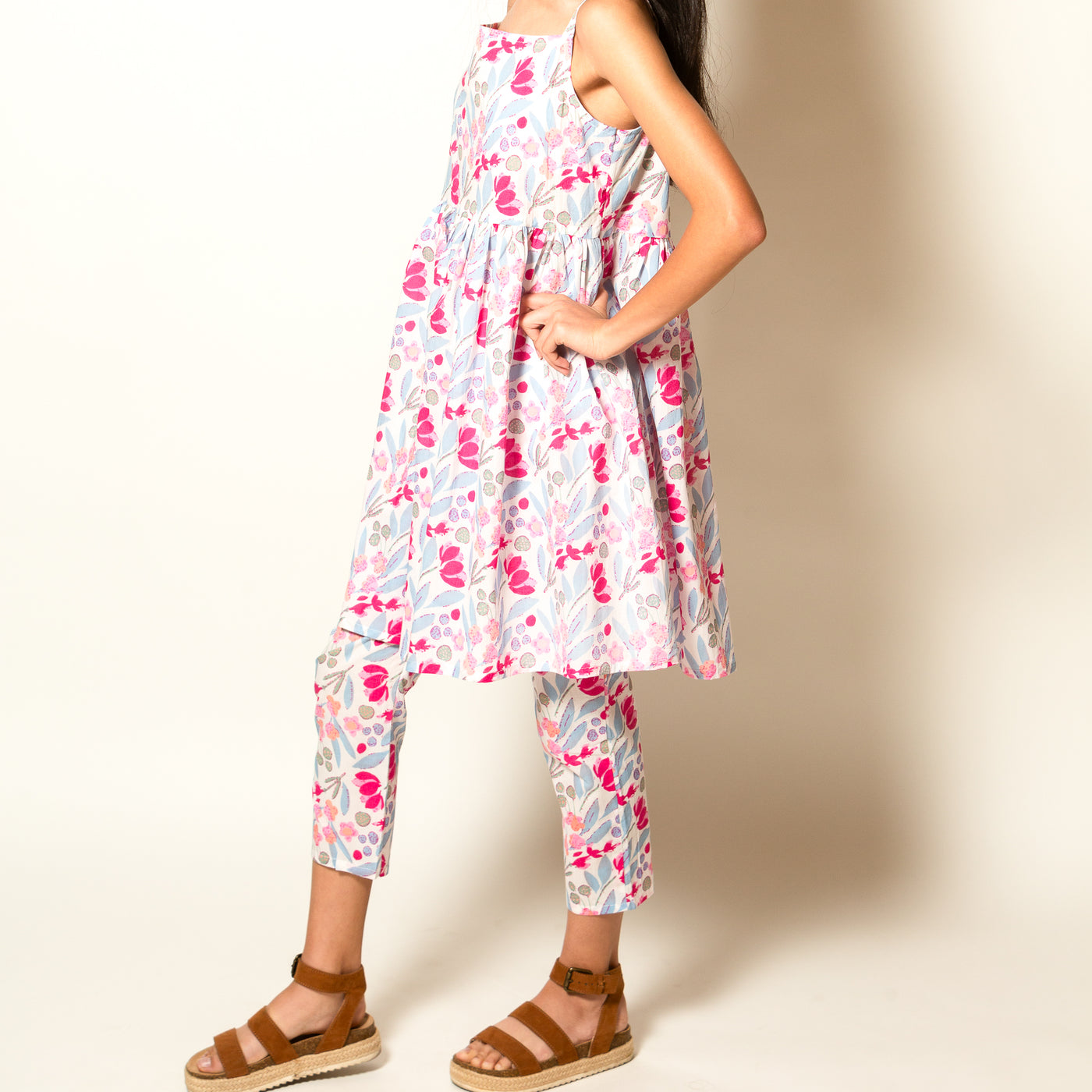 Mili - Girls Blue and Pink Floral Print Cotton Co-ord Set