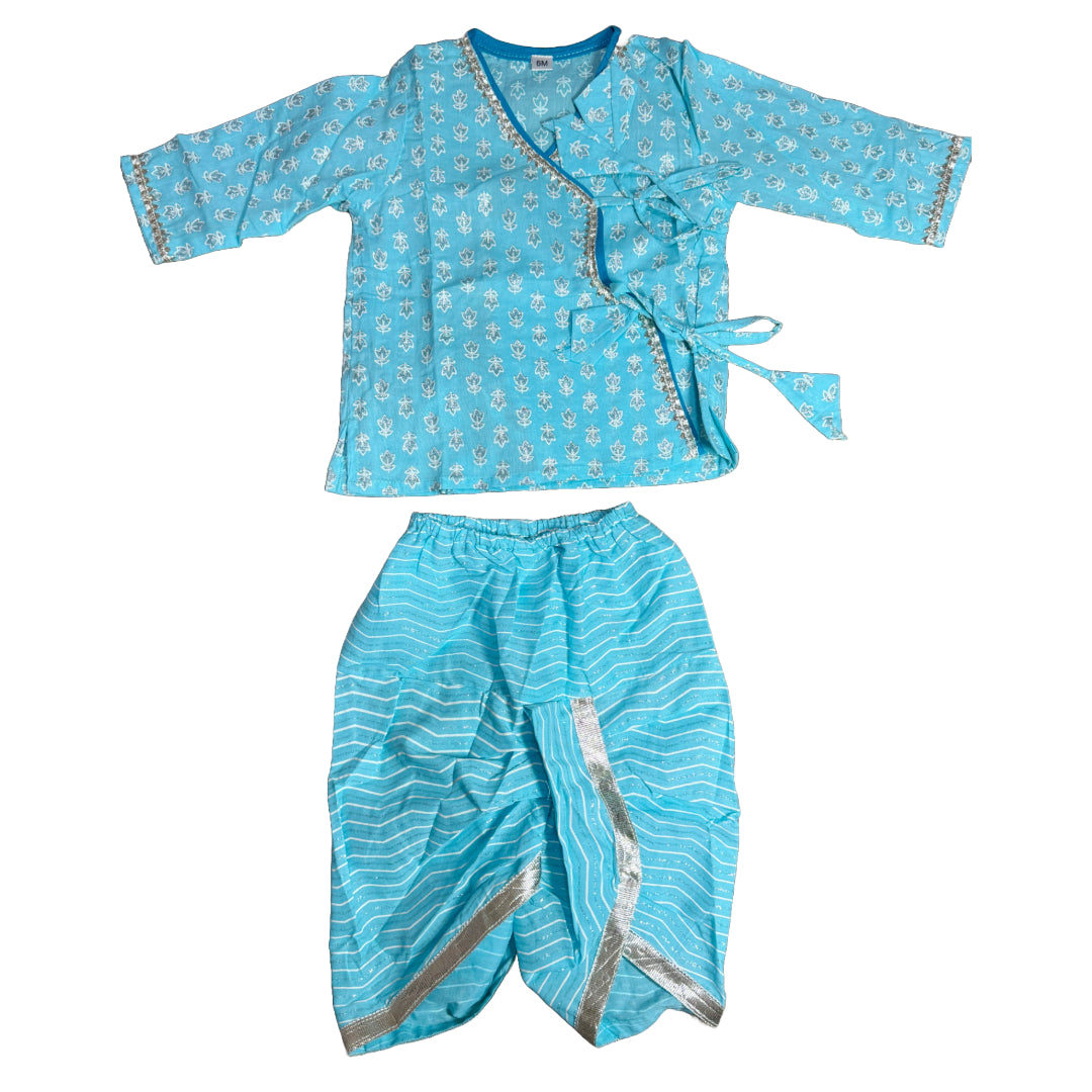 Namir- Sky Blue Foil Print Dhoti Suit for Baby Boys