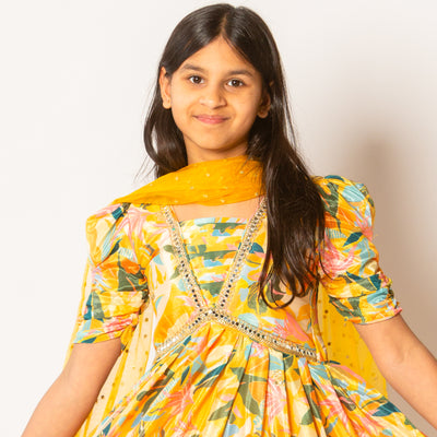 Nasreen - Yellow Floral Girls Ethnic Gown Set