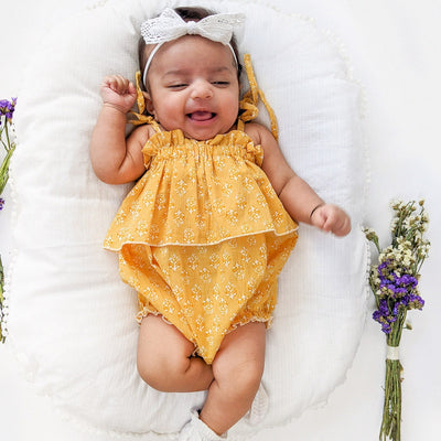 Nayana - Cotton Baby Romper in Mustard with Flounced Design
