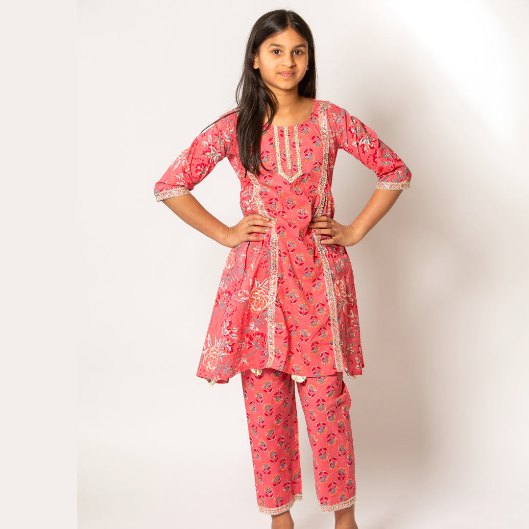 Nayna - Girls Coral and Floral Print Kurta and Pajama Set