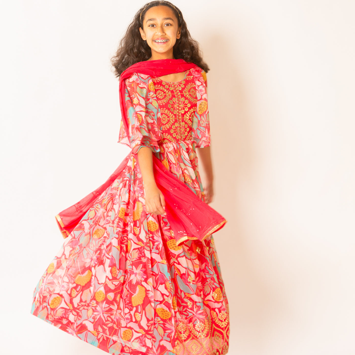 Neeraja - Red Pink Glass Tissue Floral Ethnic Gown