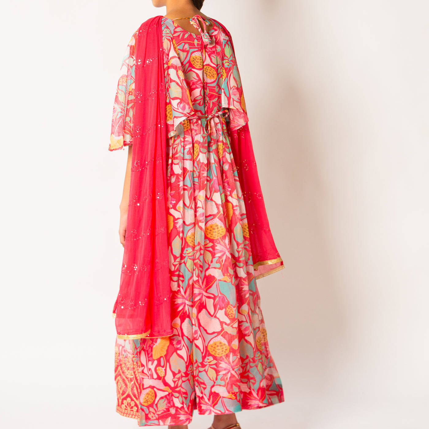 Neeraja - Red Pink Glass Tissue Floral Ethnic Gown
