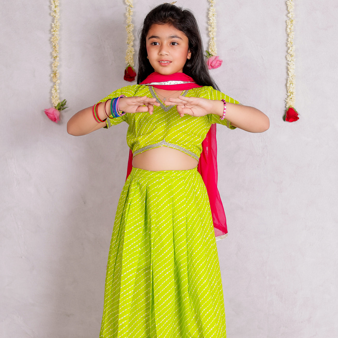 Nyla - Girls Green Leheriya Lehenga