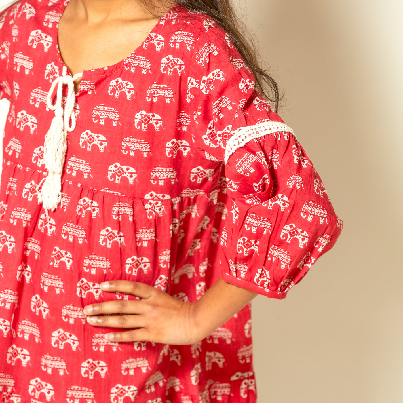 Parina - Girls Red Elephant Tier Dress with Crochet Lace
