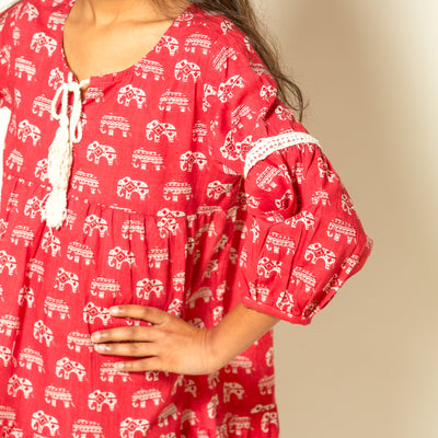 Parina - Girls Red Elephant Tier Dress with Crochet Lace