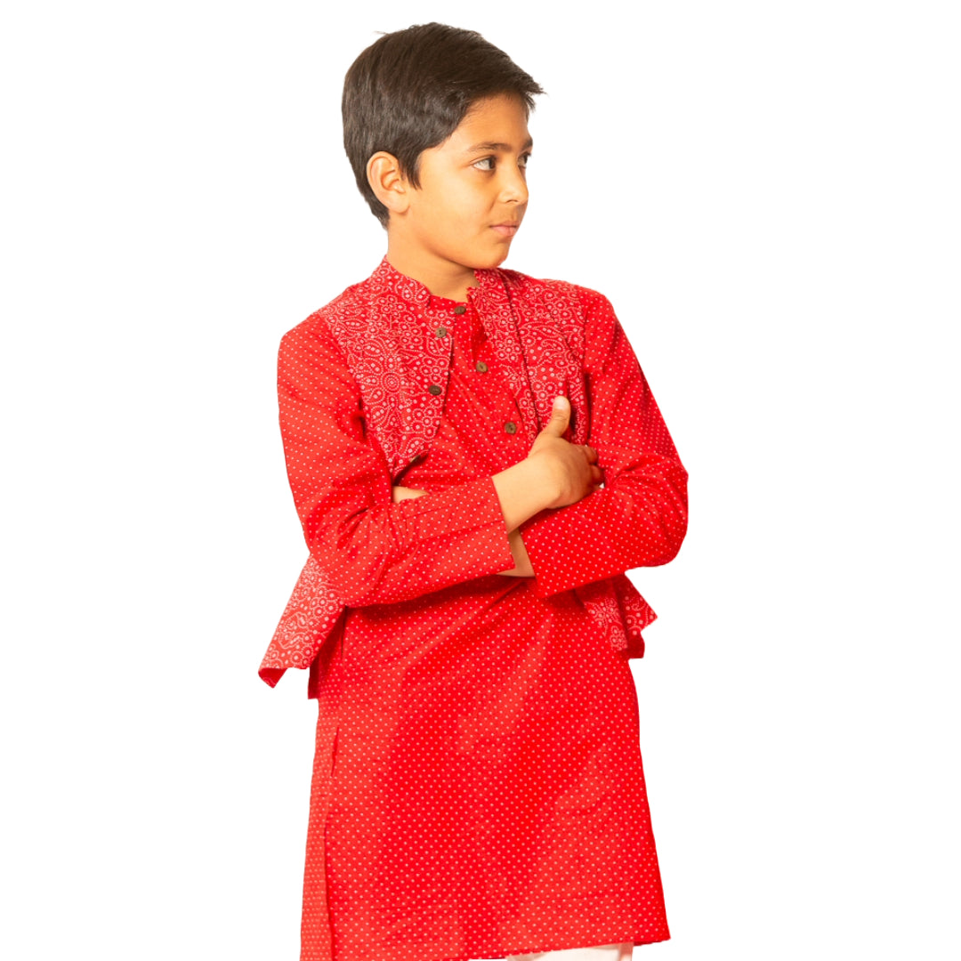 Prem - Boys Red Polka Dot Vest with Red Kurta Pajama