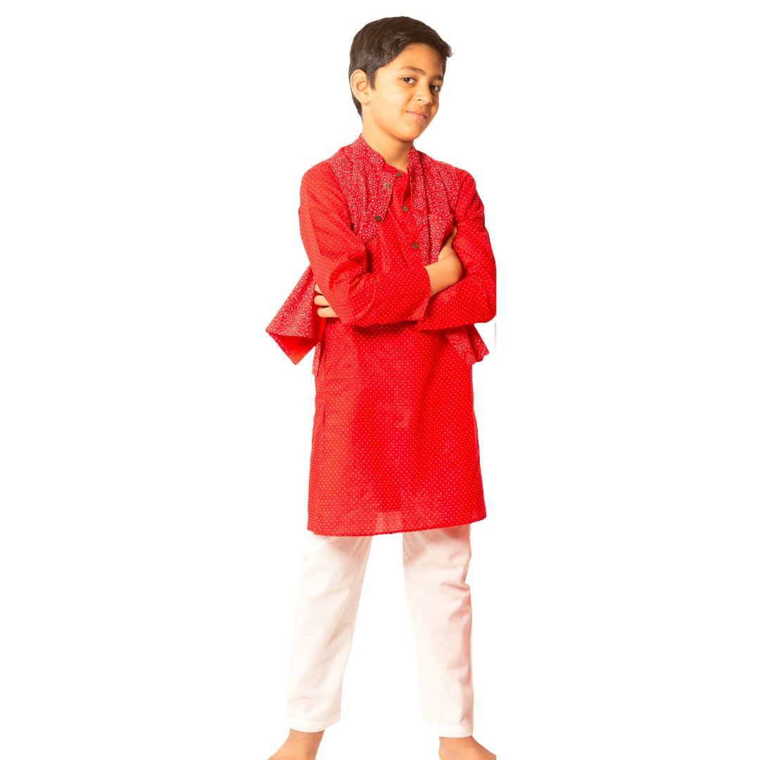 Prem - Boys Red Polka Dot Vest with Red Kurta Pajama