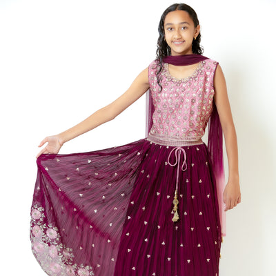 Prisha - Girls Lehenga in Wine Color