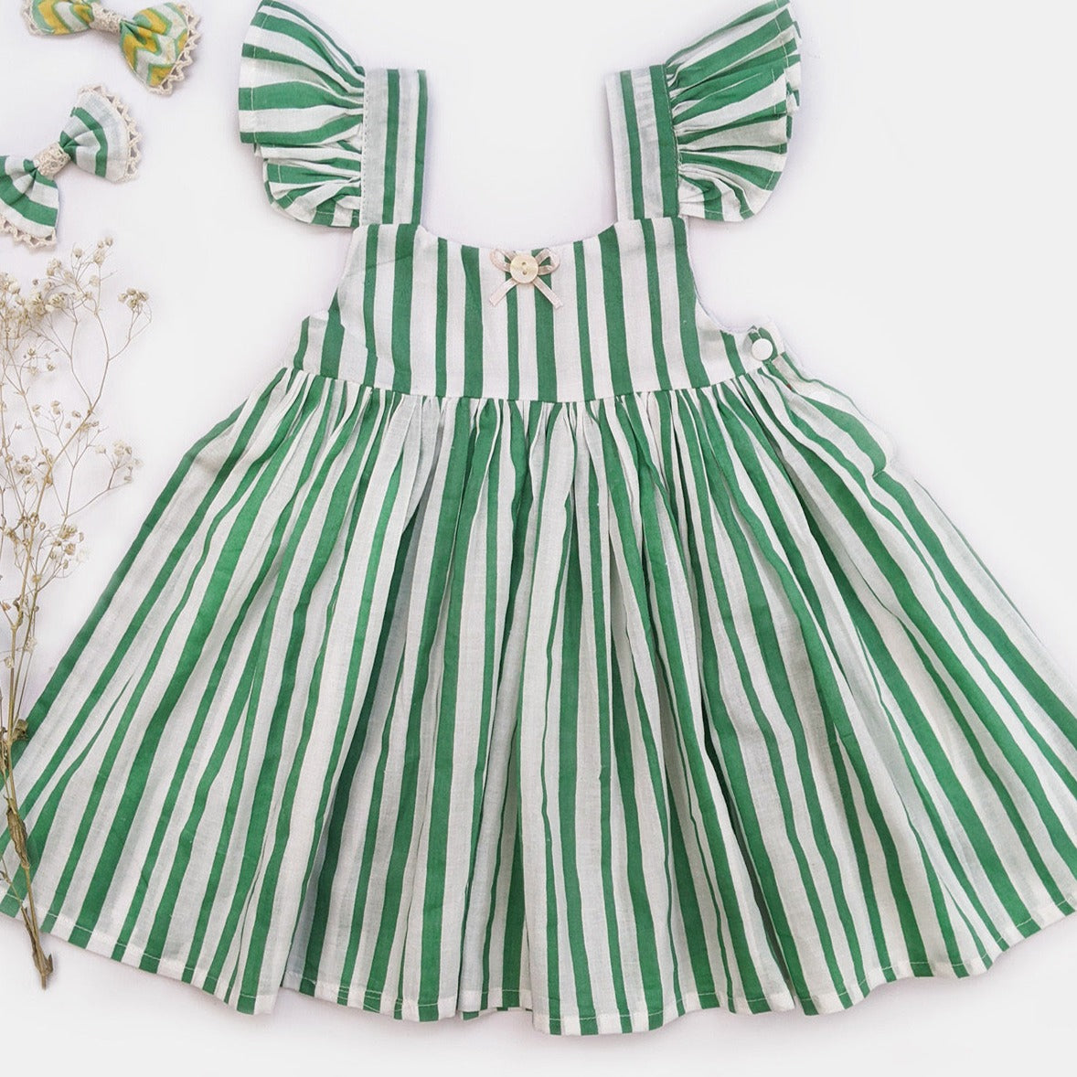 Raina - Fresh Green Tiny Frilled Striped Long Dress
