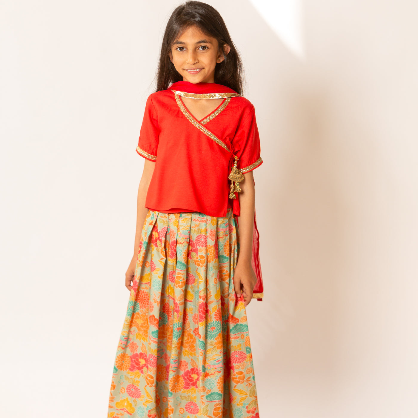 Flora Ana Rani Rani - Girls Red Angrakha Top with Multi Colored Floral Lehenga Choli ...