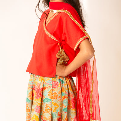 Rani - Girls Red Angrakha Top with Multi Colored Floral Lehenga Choli
