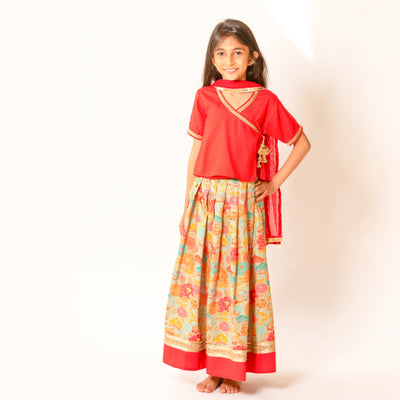 Rani - Girls Red Angrakha Top with Multi Colored Floral Lehenga Choli