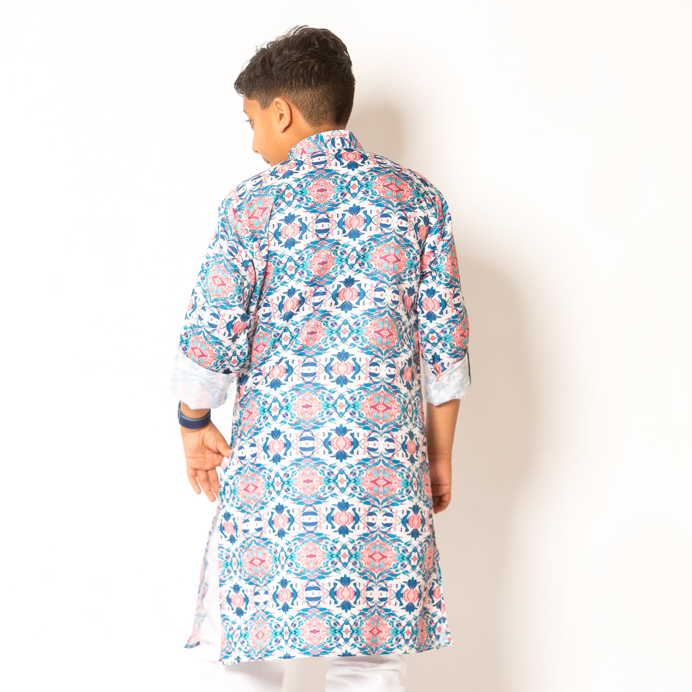 Ridham - Boys Coral and Blue Abstract Tile Print Kurta Pajama