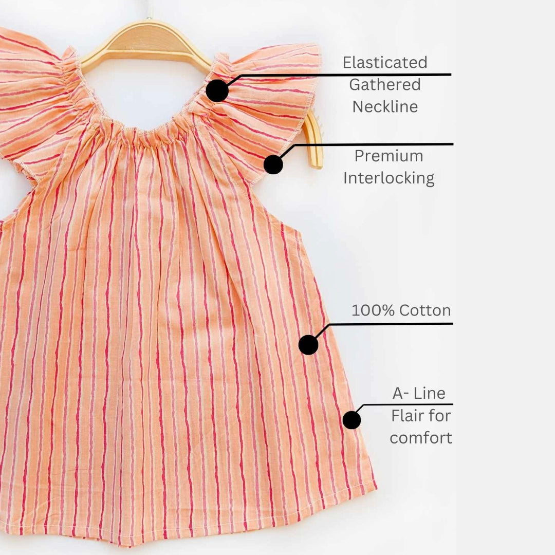 Ruhi - Baby Girl Pure Cotton Peach Striped Short Sleeve Jhabla
