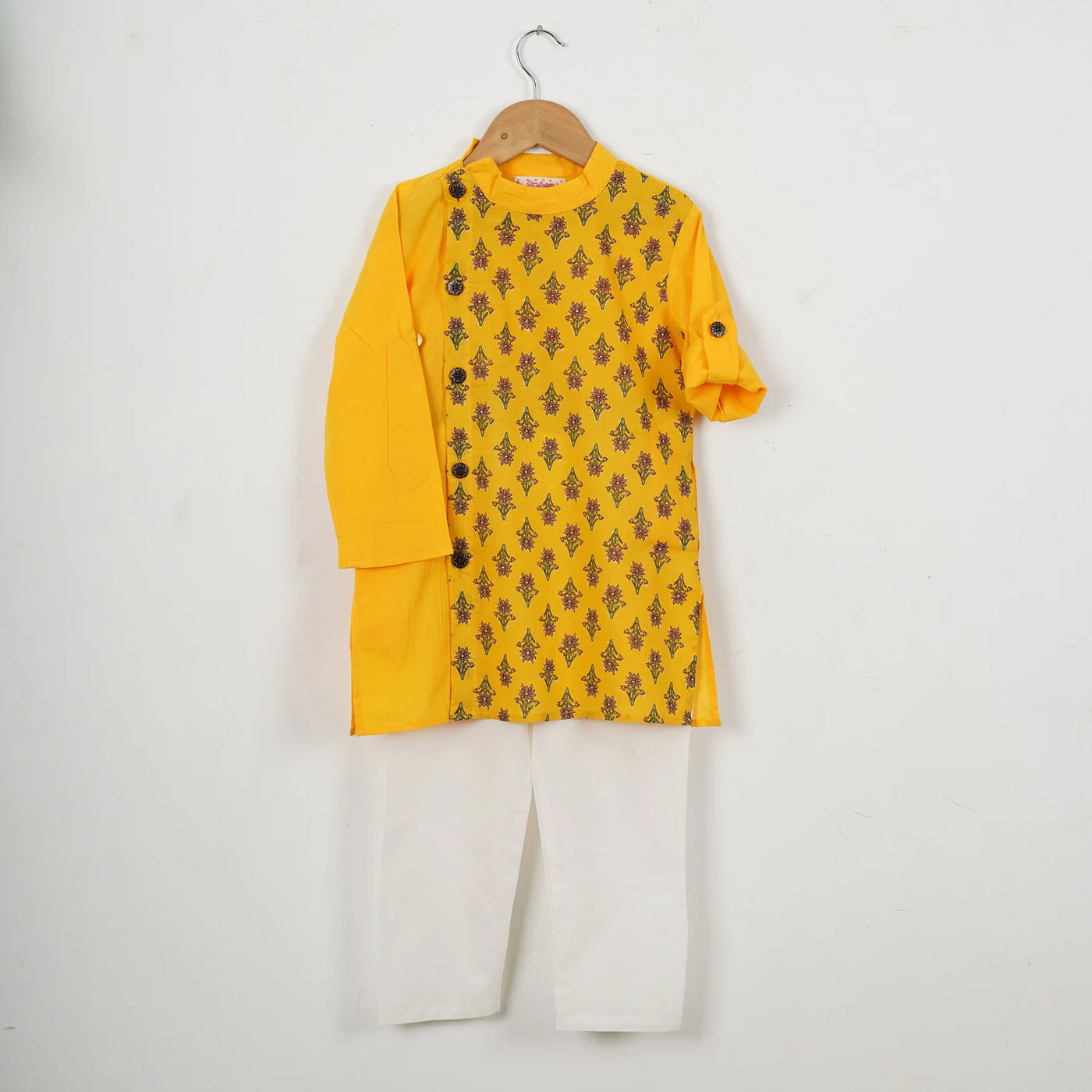 SAMARTH - Boys Yellow Buti Side Button Kurta with Off White Pajama