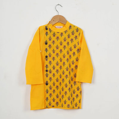 SAMARTH - Boys Yellow Buti Side Button Kurta with Off White Pajama