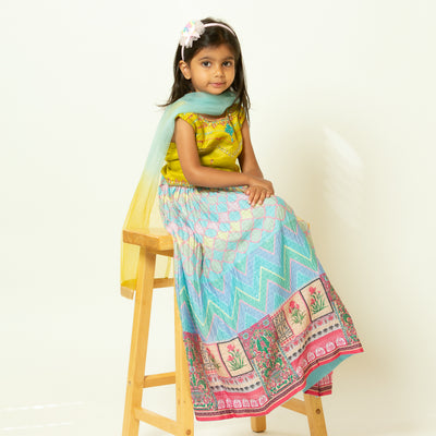 SAMAYRA - Aqua Blue and Yellow Green Toddler Lehenga Choli