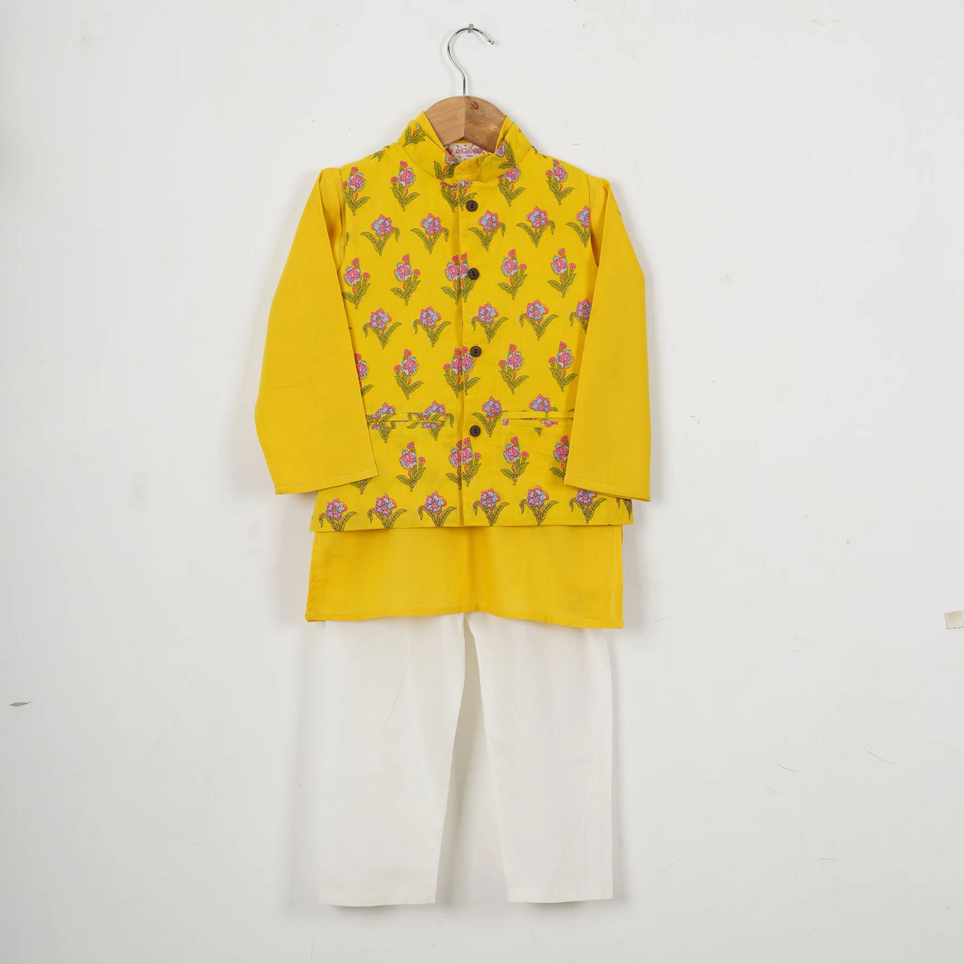 SHLOK - Boys Bright Yellow Buti Jacket with Yellow Kurta and White Pajama Pant