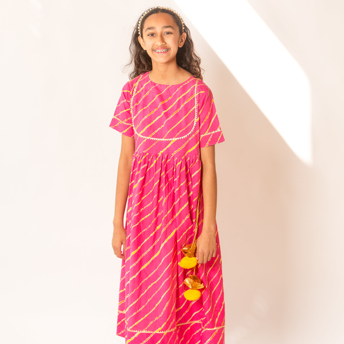 Saachi - Girls Pink & Yellow Leheriya Ankle Length Ethnic Gota Dress with Pom Pom