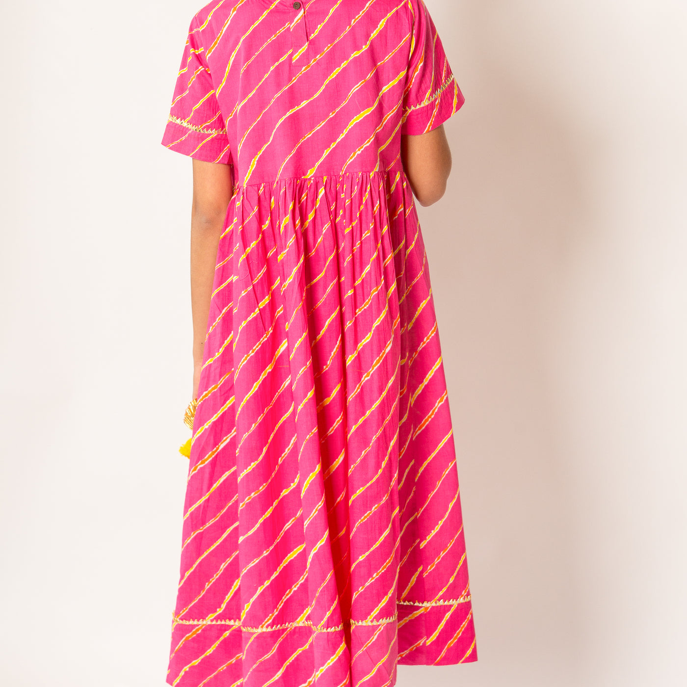 Saachi - Girls Pink & Yellow Leheriya Ankle Length Ethnic Gota Dress with Pom Pom