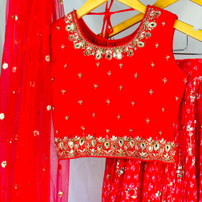 Sarina - Vibrant Red Lehenga with Computer Embroidered Hem