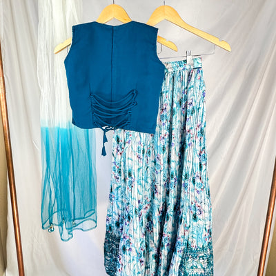 Sarita - Teal Blue and Floral Lehenga with Exquisite Crepe Silk