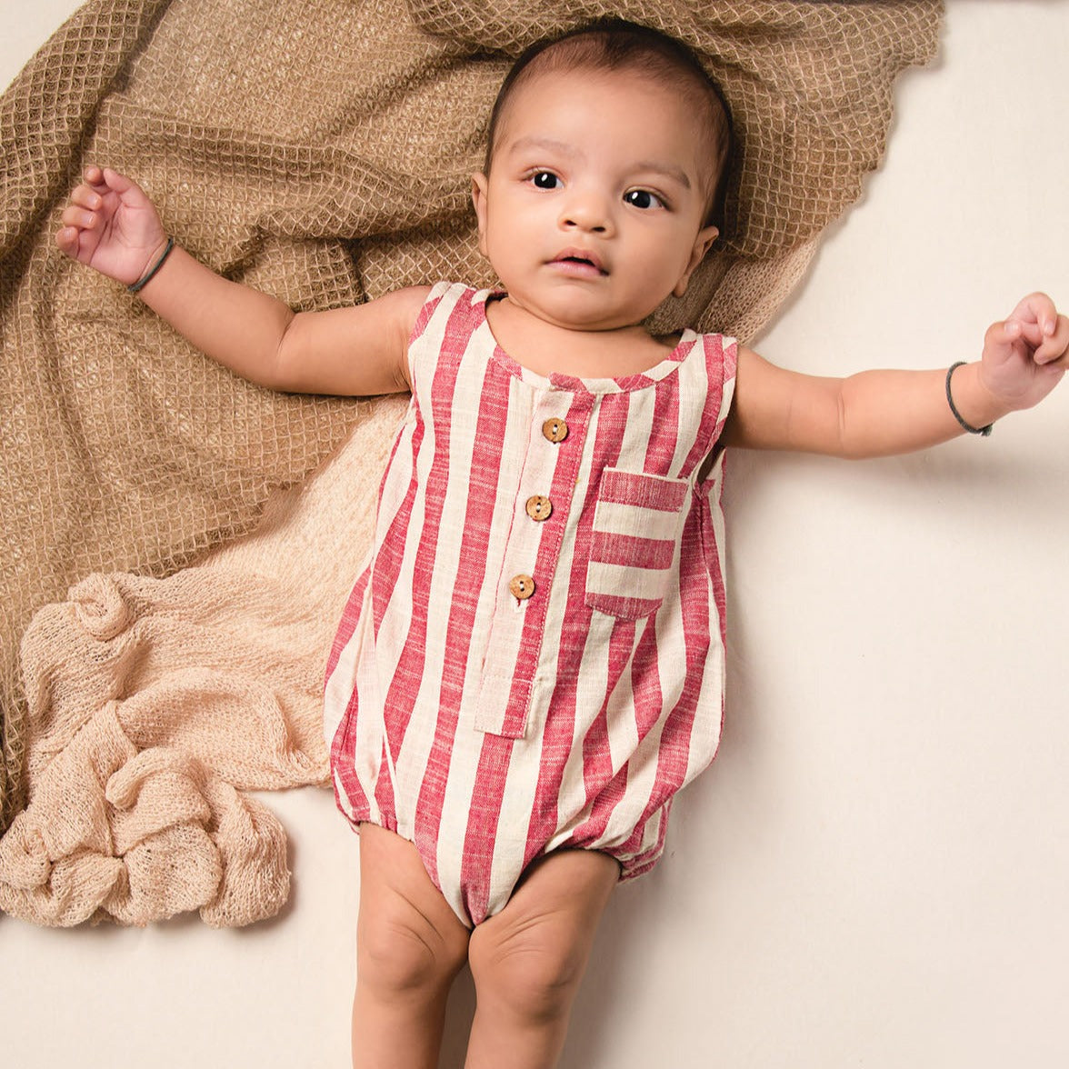 Shakti - Red Stripes Pure Cotton Baby Infant Unisex Bubble Romper