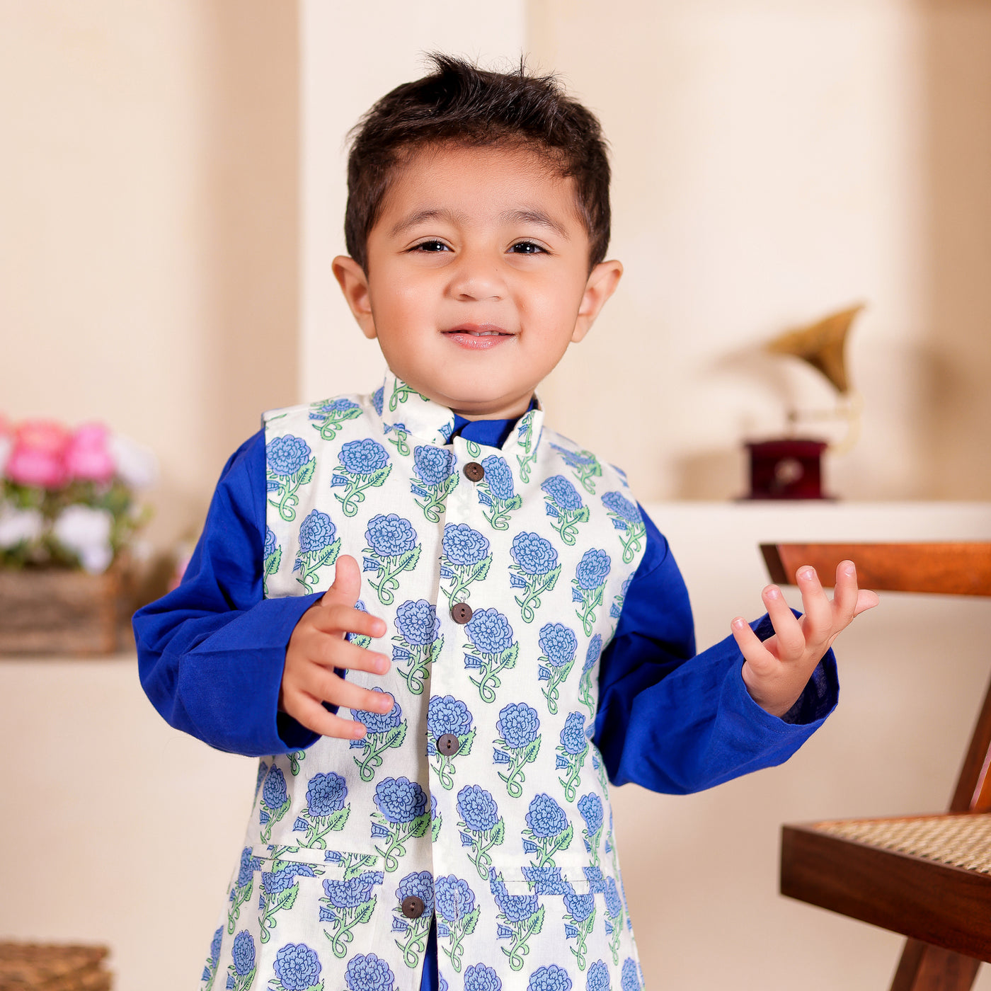 Shan - Boys Blue Floral Vest with Blue Kurta and Pajama