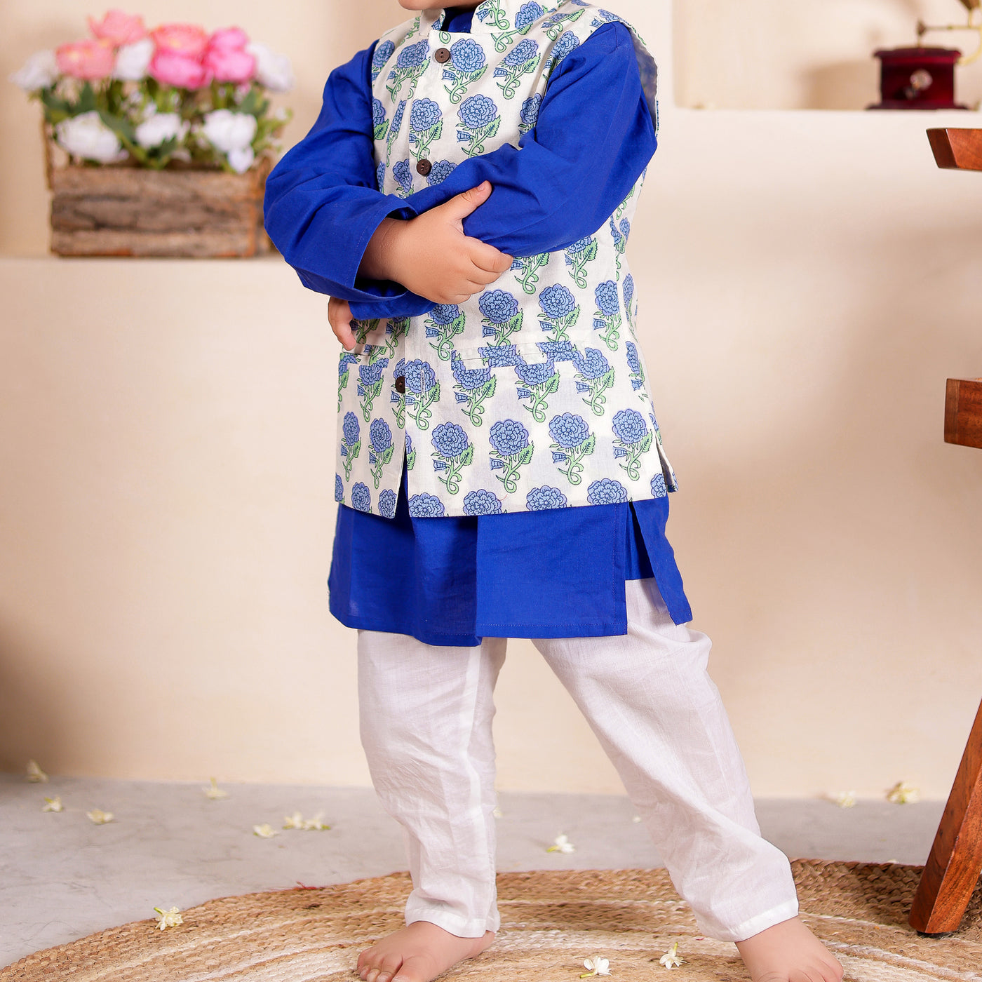 Shan - Boys Blue Floral Vest with Blue Kurta and Pajama