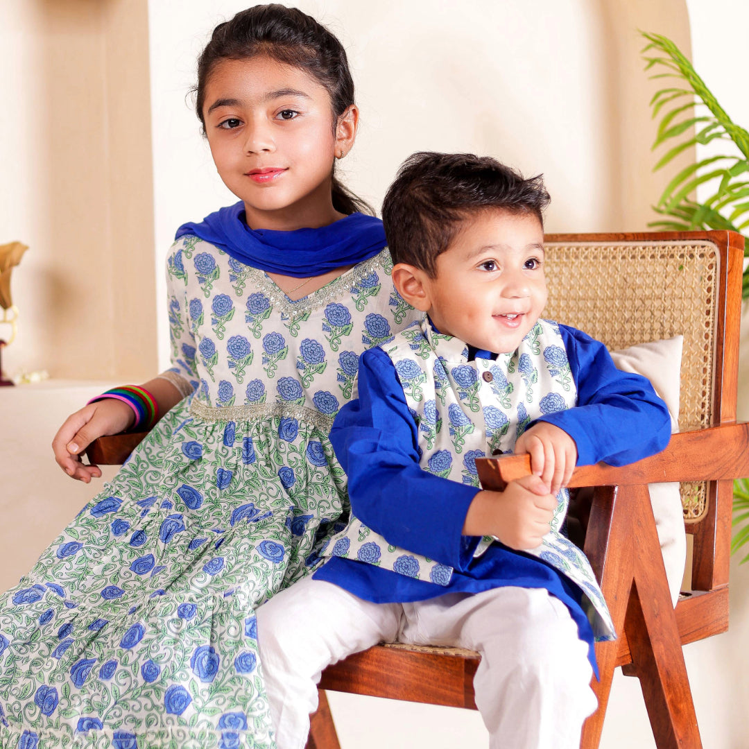 Sibling Set - Blue Floral Kurta Pajama & Anarkali Kurti Set