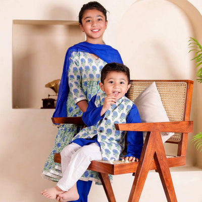 Sibling Set - Blue Floral Kurta Pajama & Anarkali Kurti Set