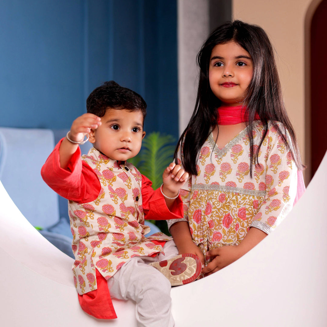 Sibling Set - Peach Floral Kurta Pajama & Anarkali Kurti Set