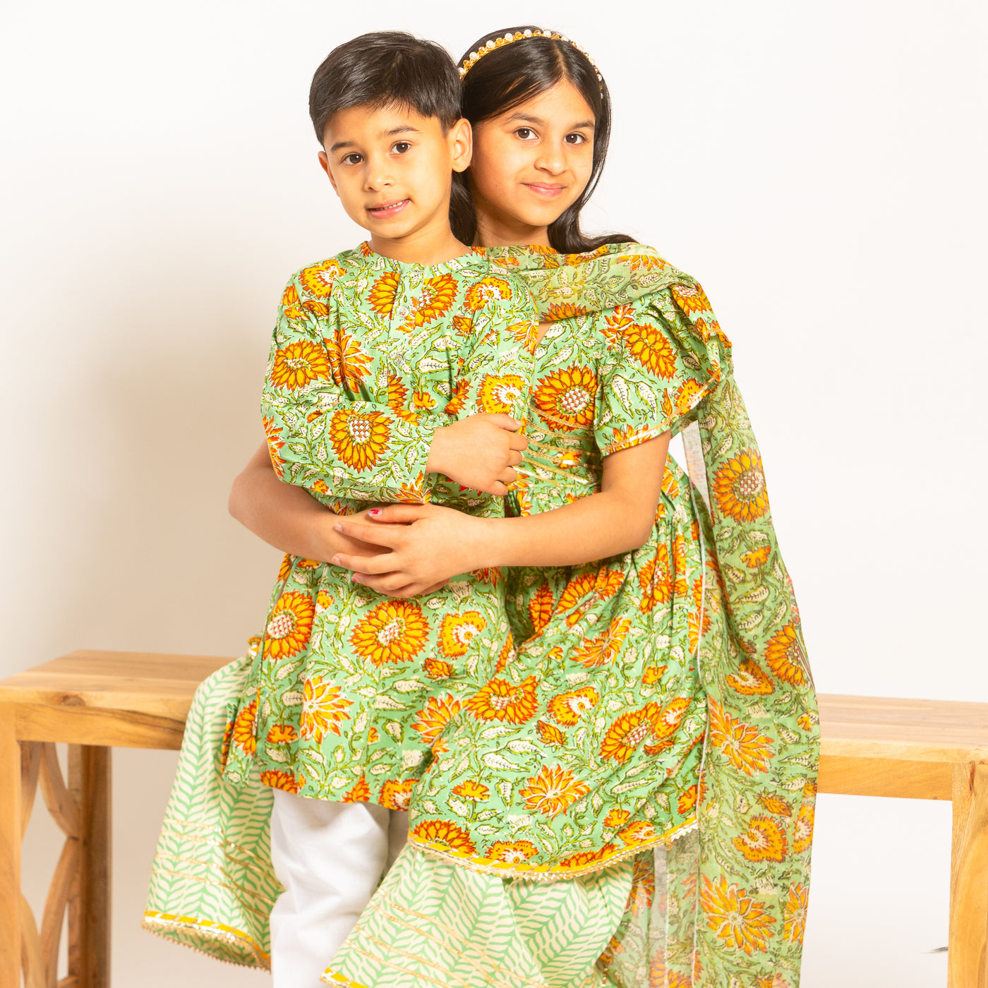 Sibling Set - Green Floral Ensemble for Girls and Boys