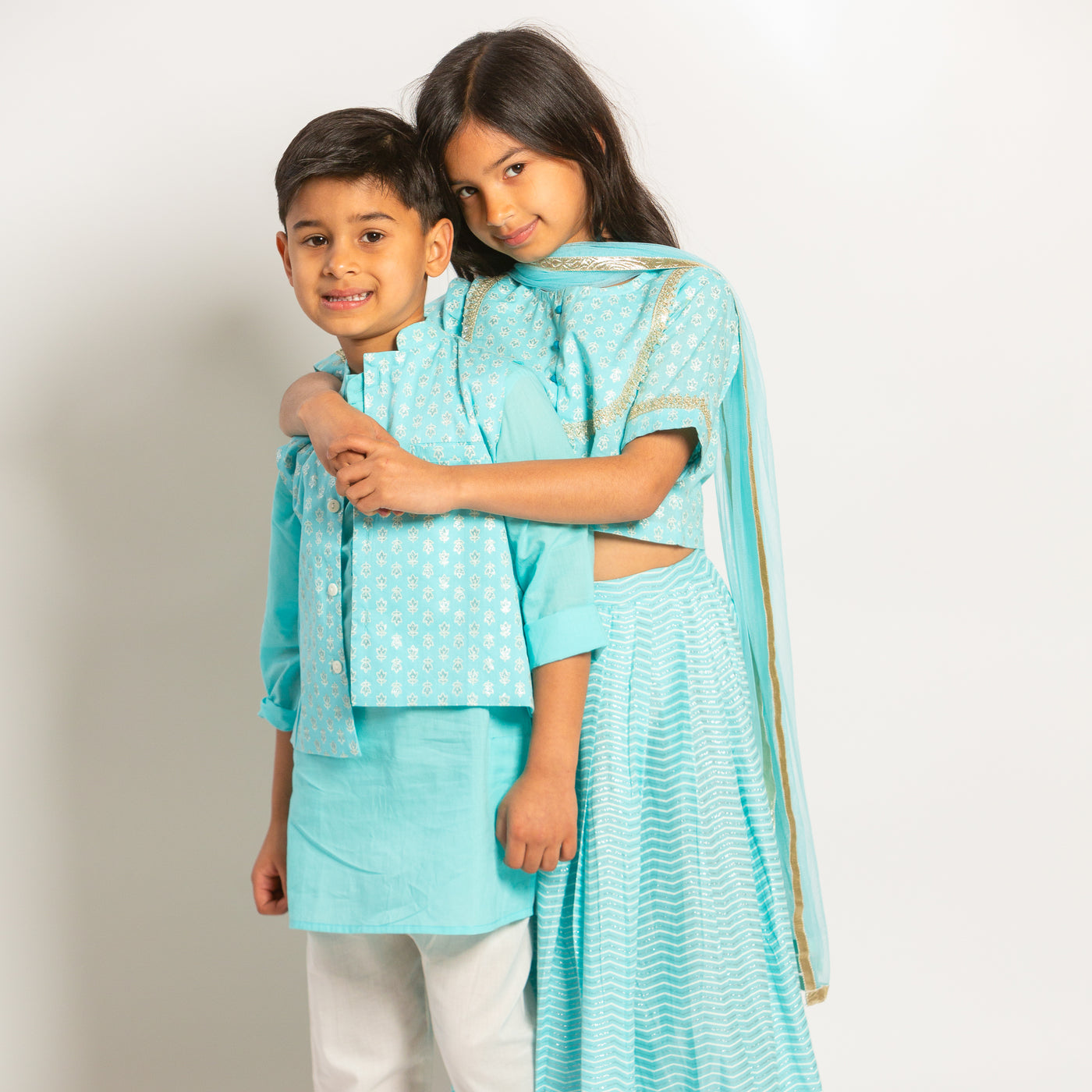 Sibling Set - Sky Blue Foil Print Ensemble for Boys and Girls