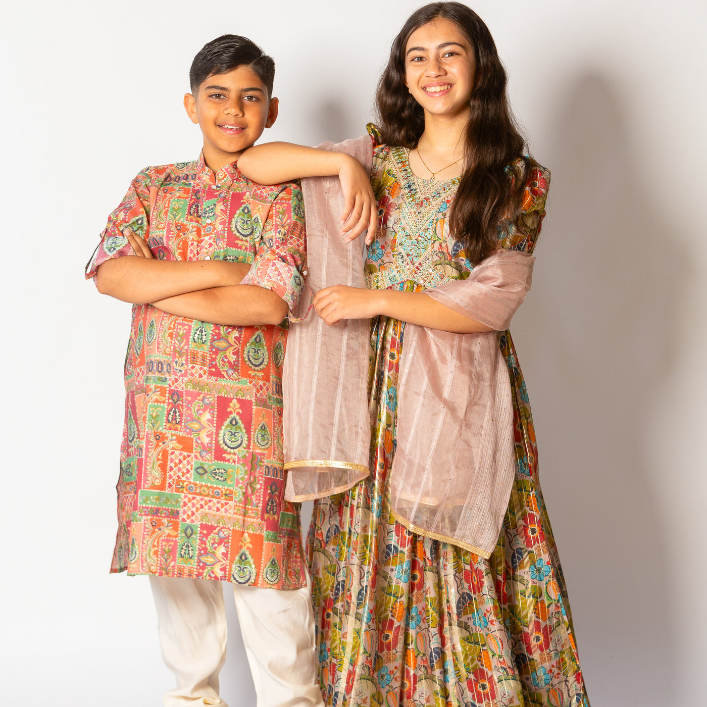 Sibling Coordinated Set - Floral Garden Gown for Girls and Multicolor Tile Print Kurta Pajama for Boys