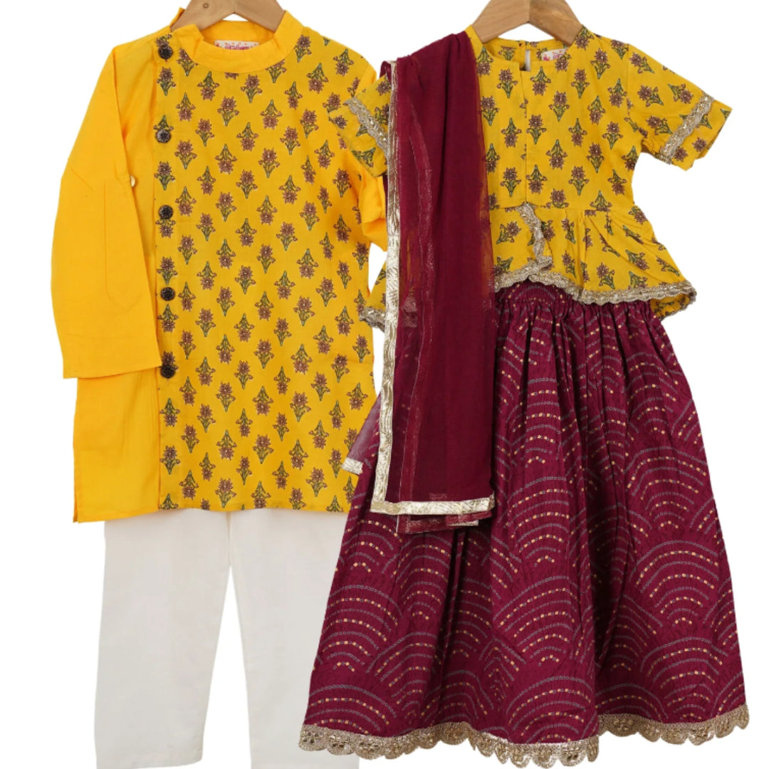 Sibling Set - Yellow Floral and Deep Purple Lehenga Choli and Yellow Buti Kurta Pajama