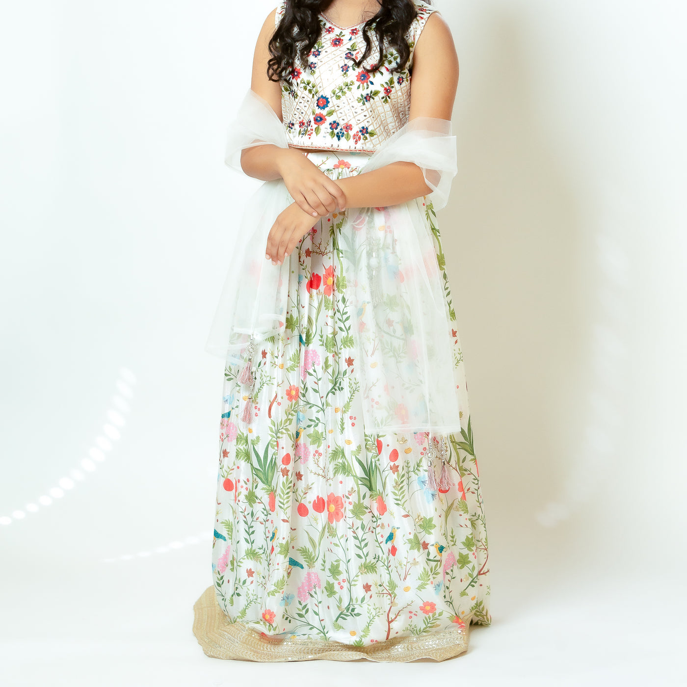 Tara - Girls White Floral Art Silk Lehenga Set