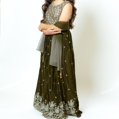 Trisha - Girls Lehenga in Olive Green