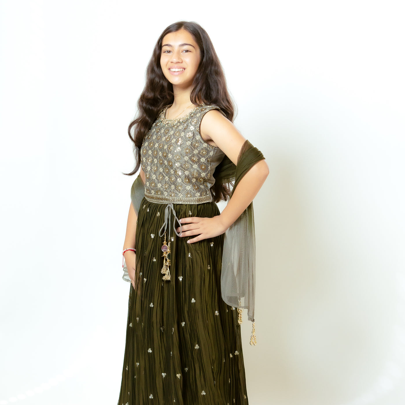 Trisha - Girls Lehenga in Olive Green